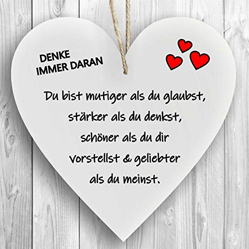 Homeyourself Herzschild Holzherz Holzschild 16 x 16 cm Denk Immer daran du bist mutiger als du glaubst weiß Dekoschild Wandschild Schild Holz Geschenk
