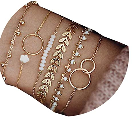Jovono Boho Ensemble de bracelets cercles superposés, or, pendentifs en perles, collier en feuille, bijoux à pompons pour femmes et filles (6 pièces)