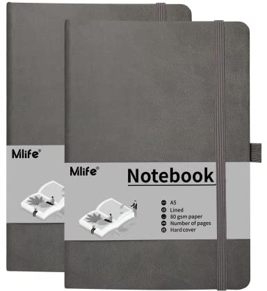 Mlife A5 Anteckningsbok, 2-Pack, 192 Sidor, 80 G/M² Tjockt Bläckresistent Papper, Anteckningsbok Med Hårt Polyuretanomslag, Innerficka, Elastiskt Band, Bullet Journal & Dagbok(Grå)