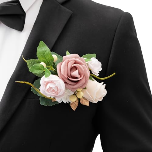 Ling's moment Single Pocket Boutonniere für den Bräutigam, künstliche Blumen für Hochzeitsdekoration/Abschlussball/Heimkehr/Abschlussfeier usw. Dusty Rose Ranunculus Pink | Einzeln, für Bräutigam, Hochzeit, Abschlussball, Heimkehr, Jahrestag, Abschlussfeier, Ranunkel