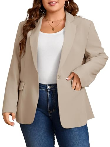 Cicy Bell Damen-Blazer, Übergröße, lässig, Revers, langärmelig, Arbeit, Büro, Anzug, Jacken, vorne offen, kurvige Blazer, Khaki, XL Große Größen