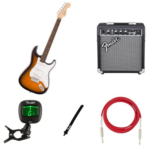 Squier by Fender Debut Collection Kit di Chitarra Elettrica Stratocaster per Principianti, include Amplificatore, Cavo, Tracolla e Accordatore, Sunburst a Due Colori