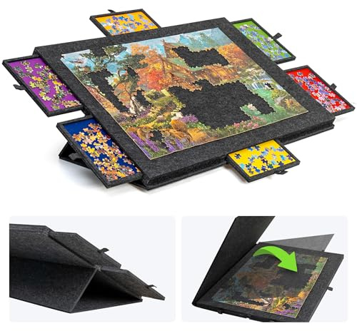 Lavievert Planche de puzzle inclinable de 1500 pièces en feutre avec support et housse 2 en 1, plateau de puzzle léger avec 6 tiroirs, table de puzzle portable pour adultes - Gris foncé