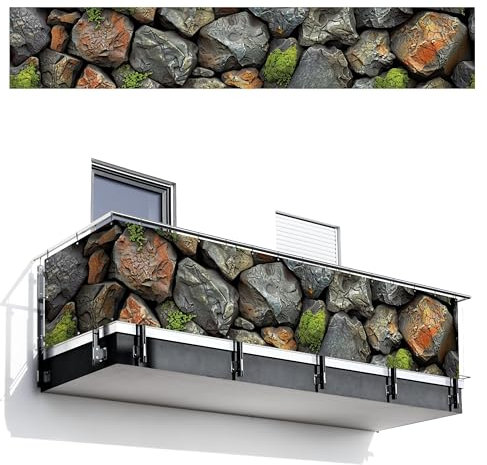 MuchoWow© Balkon Sichtschutz Einseitig 85x500 cm Groß PVC Kunststoff Garten Windschutz ohne Bohren Wetterfest Sichtschutzzaun Terrasse Balkonverkleidung Deko Steine - Steinoptik - Grau - Grün
