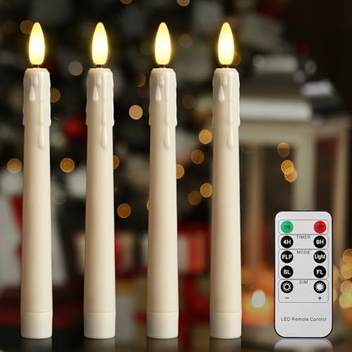 Cibnew Flammenlose LED-Kerzen mit Timerfunktion und Fernbedienung tropfendem Wachs Spitzkerzen 3D-licht Fensterkerzen für Chirstams Halloween Deko (4 Stück Beige)