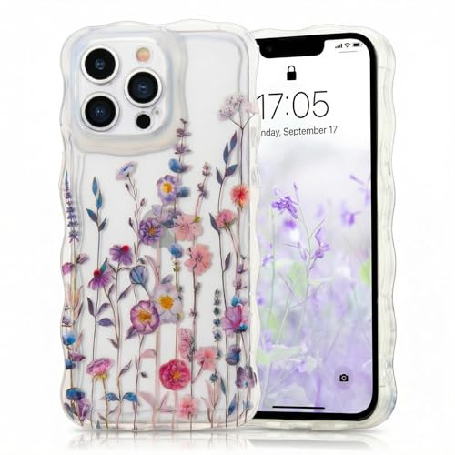 Micoden Durchsichtig Hülle iPhone 13 Pro Buntes Blumenmuster Handyhülle Kameraschutz Lockige Wellen Rahmenform Florale Silikon TPU Case für Mädchen Dünne Kratzfestes Stoßfest Schutzhülle,tiefes Lila