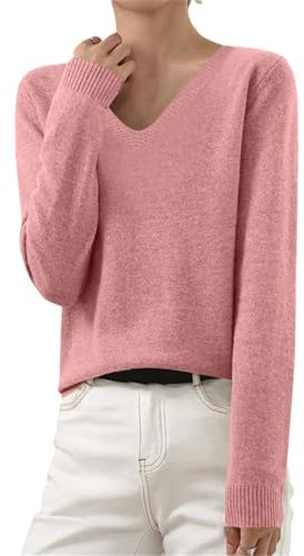 ANHATUIV Pull Femme à Manches Longues en Tricot - Col Ras du Cou, Fin et Léger - Chemisier Élégant - Basique Doux et Confortable - Quotidien, 05 Rose, M