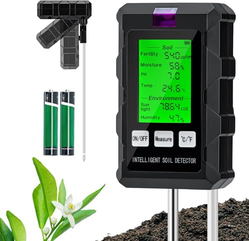 Wigearss Medidor de Suelo 6 en 1, Medidor de Fertilidad del Suelo/Luz Solar/Humedad Ambiental/pH/Temperatura, Probador de Suelo Multifuncional con Pantalla LCD Retroiluminada para Granja/Jardín/Césped