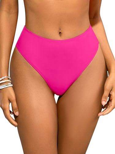 SHEKINI Women High Waisted Bikini Bottoms Tummy Control High Cut Swim Thong | Ruched Back, Bikini Brief, Only Swimming Bottom, Beach