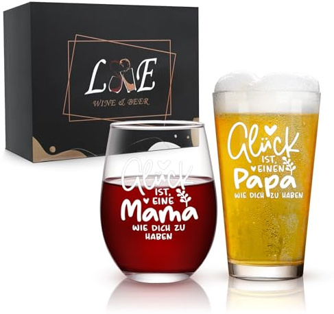 Joymaking Weinglas und Bierglas Set mit Gravur, Vatertag Geschenk, Eltern Geschenk, Die Besten Geschenke für Papa Mama, Geschenke für Eltern zum Muttertag Vatertag Geburtstag 500ml