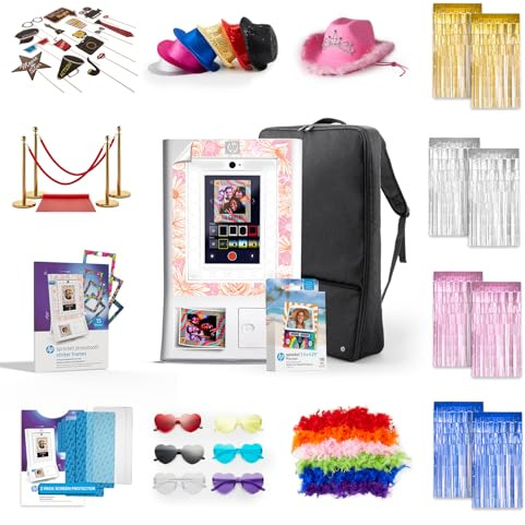 HP Sprocket Photo Booth Machine Instant Color Photo Printer (White) + Zink Paper(100 sheets)+ Case (1) + Stickers frames (15) & more