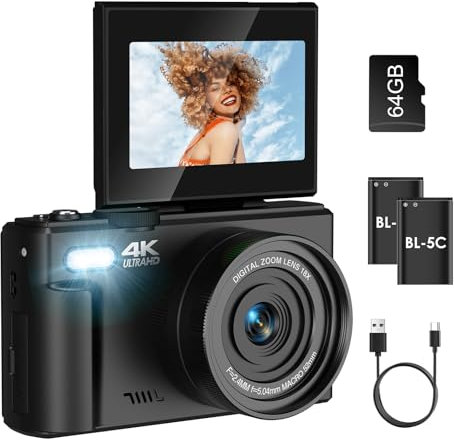 Nsyee Appareil photo numérique 4K, avec transfert Wi-Fi, caméra YouTube Vlog 64 MP, écran rabattable à 180 ° de 3 pouces, avec carte SD 64 Go, zoom numérique 18x, appareil photo compact cadeau pour