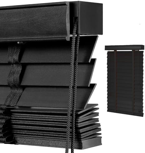 Holz Jalousie Fenster Innen, Horizontal Echtholz jalousien Breite 40-160 cm Sonnenschutz/Sichtschutz Venezianische Jalousie Für Haus,Büro,Anpassbar(Schwarz)