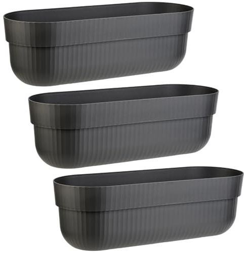 Engelland - 3 x Blumenkasten, Blumentopf, Farbe: Anthrazit, Pflanzkasten mit Wasserspeicher/Drainagesystem und Abstandshalter, 50 cm, PP-Kunststoff, Balkonkasten, länglich, formstabil