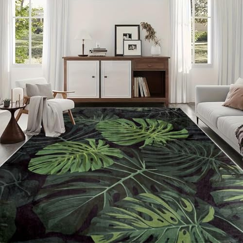 Luyemci Tropical Leave Area Rugs, 80x150cm, Modern Vintage Green Monstera Bedroom Rug, Low Pile Breathable Cozy Foldable Carpet, Anti-Skid Durable Reduce Noise Mat for Kitchen Living Room