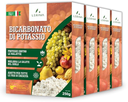 LERAVA Bicarbonato di Potassio (4x250 g) - Potente Potassio per Piante - Bicarbonato per Agricoltura e Ortaggi - Corregge Terreni Acidi - Combatte Patogeni Fungini - Alta Solubilità in Acqua