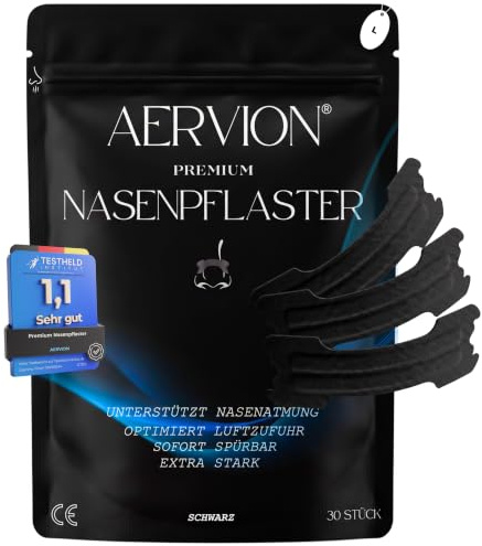 AERVION® Premium Nasenpflaster Schwarz 30 Stück, Gegen Schnarchen & verstopfte Nase, Extra stark, für Sport, Besser Atmen & Schlafen, Schnarchstopper, Hautfreundlich, Nasal Nose Strips L 66x22mm