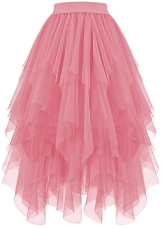 JASGOOD Women's Tulle Skirt High Low Layered Irregular Ladies Elastic Waist A-Line Midi Ballet Skirt for Prom Party Daily, Pink, M