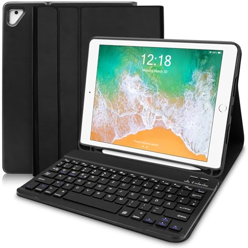 YUEJIDZ Keyboard Case for iPad 9.7,Leather Cover for ipad 6th Generation 2018/5th Gen 2017/Pro 9.7/iPad Air 2/ Air 1- with Pencil Holder and Bluetooth Detachable Keyboard(UK layout),Black