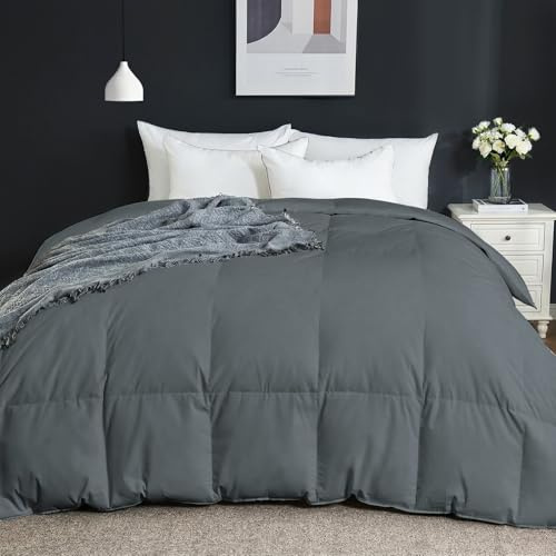 Goose Feather Comforter King Size, 100% Cotton Duvet Insert All Season, Bed Comforter Quilted with 8 Corner Tabs Hotel Luxury Fluffy Duvet Insert, 106 x 90 Inch, Machine Washable, Grey