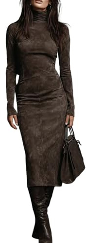 Robe en velours pour femme - Col roulé - Manches longues - Aspect velours froncé - Couleur unie - Coupe ajustée - Longueur ras du sol - Longueur cheville - Tenue de cowgirl pour femme, café, S