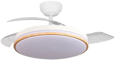 ABRILA - Ventilador DC Relámpago 60W Blanco/Haya | 3 Aspas Desplegables | LED Integrado | Control Remoto | Regulable en Intensidad | Temporizador | 36x48/107 cm