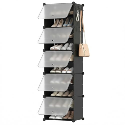 HOOBRO Zapatero, Modular con 5 Compartimentos, Mueble Zapatero, Estantería de Plástico, Cajas DIY, con Puerta, con Martillo, para Entrada, Armario, Pasilo, Negro y Transparente EBW11SC01