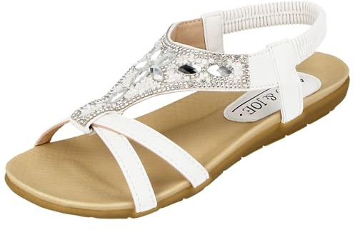 Jo & Joe Ladies Faux Leather Open Toe Sling Back T-Bar Diamante Gem Stone Flat Gladiator Summer Sandals Size 3-8