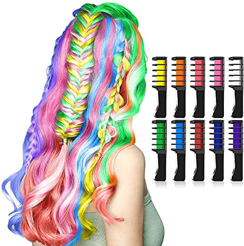 Haarkreide für Mädchen, Kastiny 10 Stück Haarfarbe Kamm, Temporär Haarfarbe Kreide Kamm für Kinder Haarfärbemittel, Party und Cosplay, mit 4 Glitzertuben & 32 Schablonen