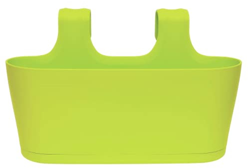 Engelland 1 x Blumenkasten zum Auf-Hängen, Farbe: Grün, Blumentopf, oval, Balkon, Übertopf, Pflanzkasten, mit Wasserspeicher/Wasserauffangschale