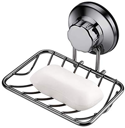 iPEGTOP No-Drilling Soap Dish Holder, Super Powerful Vacuum Suction Cup Shower Soap Dish - Strong Rustproof Stainless Steel Soap Saver Sponge Holder for Bathroom & Kitchen Sink (Graphite)