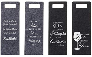 4er Set Filz Flaschentaschen mit Sprüchen Weinflaschentasche Geschenkverpackung Flaschen Wein (4er Set Grau/Anthrazit)