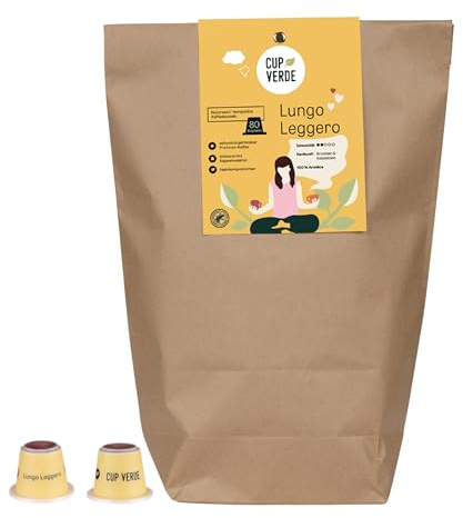 CUP VERDE Lot de 100 capsules de café compatibles Nespresso* Biodégradables - Commerce équitable - Légèrement torréfiées et savoureuses - Faible emballage Lungo Leggero (jaune, 100)