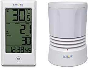 EXPLORE SCIENTIFIC RGT1001 Pluviometro per la misurazione delle precipitazioni, Registrazione 9 Giorni, Temperatura e umidità Interna, Temperatura Esterna, Visualizzazione Ora, Data e Giorno, Bianco