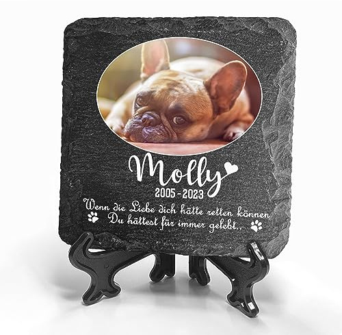 TULLUN Individueller Personalisiert Natürlich Tiergrabstein Schiefer Gedenkstein + Ständer für Hund, Katze, Kaninchen und andere Haustiere - Größe 10 x 10 cm - Ovales Foto