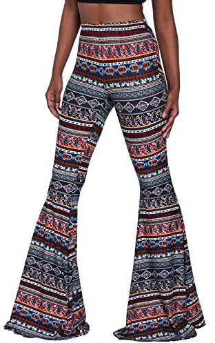 Nuofengkudu Dam vintage tryckta långa utsvängda byxor hög midja stretchiga vida ben yogabyxor, marinblå, M extra lång