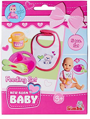 Simba 105560016 - New Born Baby Fütter Set, Puppenzubehör, für 30-43cm Puppen, 5 Teile, Teller, Löffel, Gabel, Lätzchen und Trinklernbecher, ab 3 Jahren