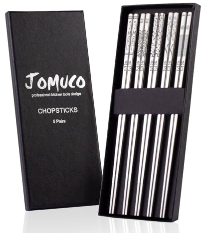JOMUCO Reusable Chopsticks Set - 5 Pairs, Non-slip Stainless Steel, Dishwasher Safe, Laser Engraved Pattern (Silver)
