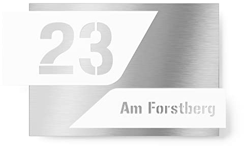 Graviers Design Hausnummernschild aus V2A Edelstahl 215x150 - Weiß - zweiteilig mit 3D Effekt Wetterfest Rostfrei Individuell anpassbar mit eigener Nummer Straße - Made in Germany