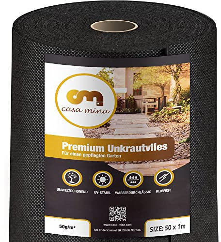 Casa Mina Unkrautvlies 50m² | Gartenvlies wasserdurchlässig gegen Unkraut 50g/m² | Vlies für den Garten, das Hochbeet & Co | Beet & Garten Abdeckvlies | Unkrautfolie wasserdurchlässig (50m x 1m Rolle)