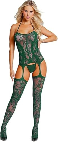 RSLOVE Women’s Stretchy Lace One Piece Outfit – Sheer Layering Bodysuit for Daily Wear One Size Dark Green