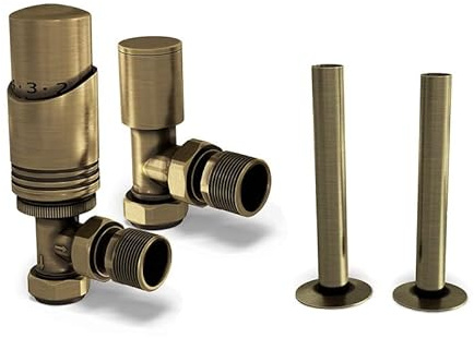 UK Radiators Angeled Thermostatic Radiator Valve 1/2 x 15mm - Pipe Covers | Silver Nickel Finish - Solid Brass 1/2 x 15mm Angled - Lockshield Included, Easy Installation - with 130mm Pipe Covers