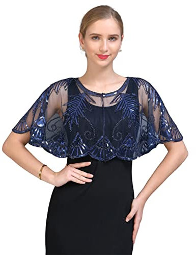 GIBZ Pailletten Schal und Wraps für Damen Elegantes Abend Cape Weiche Strickjacke 1920er Vintage Stola, Blau