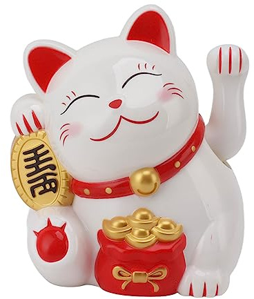 Asixxsix Lucky Fortune Cat, 5.5 Inches Lucky Cat Waving Arm, Battery Operated Fortune Cat Statue Decorations Symbol for Fortune Money and Good Luck Fengshui Lucky Cat for Shops, Restaurants (White)