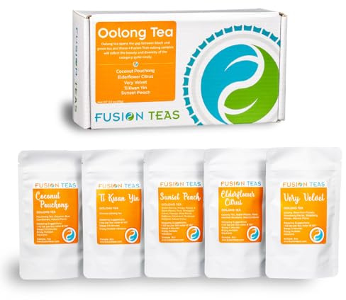 Oolong Tea Sampler Set, An Assortment of Sophisticated Oolong Teas, 5 Various Oolong Sample Pouches of Loose-Leaf Tea Including Coconut Pouchong, Elderflower Citrus, Very Velvet, Ti Kwan Yin, Sunset Peach by Fusion Teas