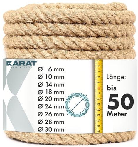 KARAT Corda da arrampicata 50 m di spessore 24 mm, corda in iuta naturale al 100%, extra forte, filo di iuta per sport, decorazione del giardino, artigianato