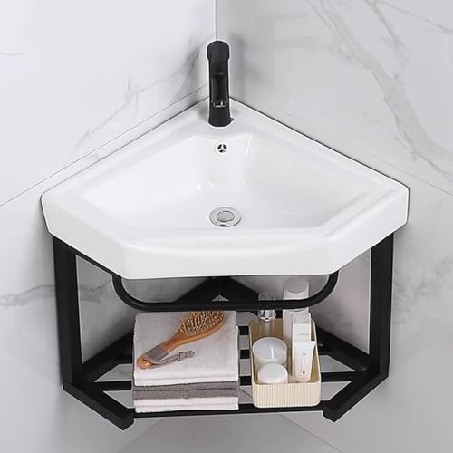 Topjia Corner Wall Mount Bathroom Sink with Stainless Steel Rack, Triangular Ceramic wash Basin W/Drainage Pipe, Small Space Corner Sink for Bathrooms(47cm(18.5in), White)