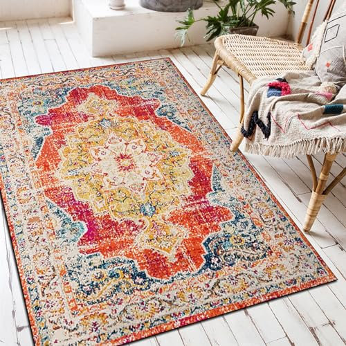 Rug-QJDDUP Kurzflor Teppich Großer Wohnzimmer,Rot Orange Gelb Blau Mehrfarbig Vintage Shabby Chic,Wohnzimmer Schlafzimmer Designer Wohnzimmerteppich,Multicoloured,200 x 300 cm