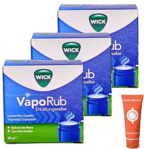 Wick VapoRub Erkältungssalbe, 3x 50 g I zur Anwendung auf der Haut und zur Inhalation I bei Erkältung, verstopfter Nase, Husten I erholsamer Schlaf I Spar-Set plus Pharma Perle give-away