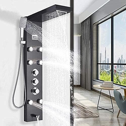 Schwarzes Thermostat, Edelstahl-Duschpaneel, Duschsäule, Duscharmatur, Duschsystem, Regendusche, Handbrause, Handbrause, Wasserhahn, Duschset, 6-Fach Massage-Neats